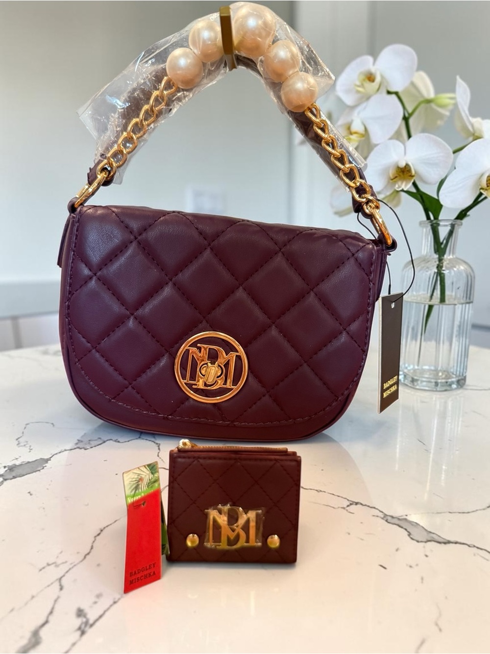 Badgley Mischka Quilted Pearl Handle Handbag/Crossbody Bag + Wallet NWT